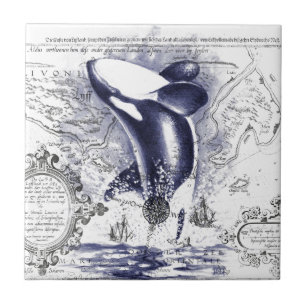 Orca Whale Vintage Map Blue Tile