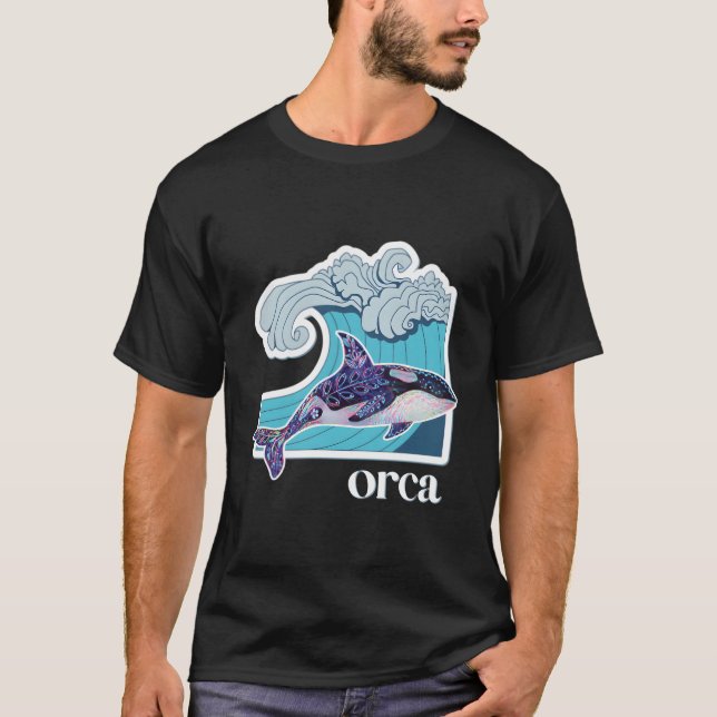 Orca Whale With Hand Drawn Ocean Wave T-Shirt (Front)