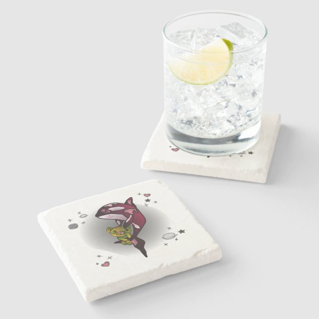 Orca Whale with Teddy Bear in Space Graphic Design Stone Coaster (Side)
