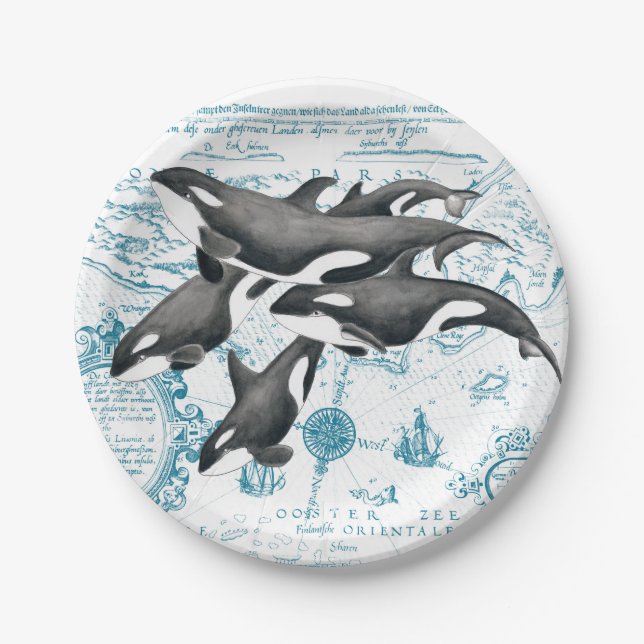 Orca  whales ancient blue paper plate (Front)