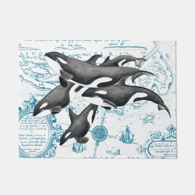 Orca whales family ancient blue doormat (Front)