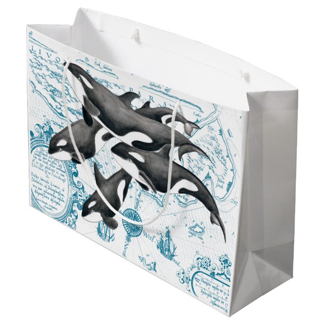 Orca whales family ancient blue large gift bag (Back Angled)