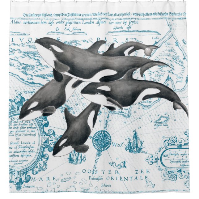 Orca whales family ancient blue shower curtain (Front)
