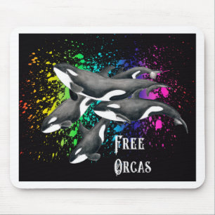 Orca Whales Watercolor Splash Black Mouse Pad