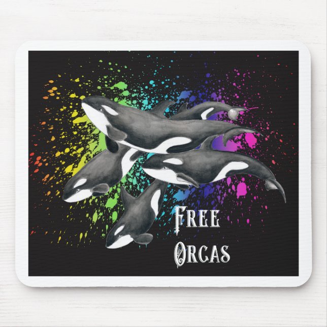Orca Whales Watercolor Splash Black Mouse Pad (Front)