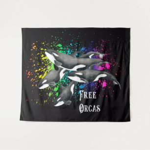 Orca Whales Watercolor Splash Black Tapestry