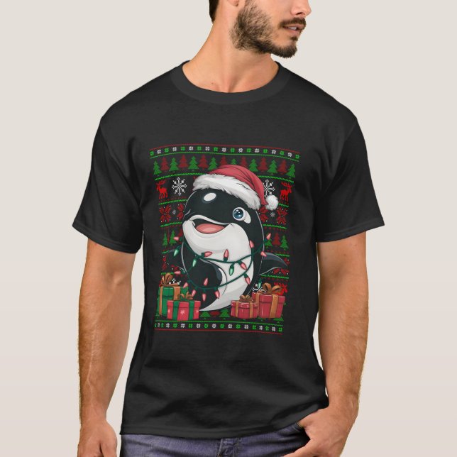 Orca Xmas Lights Ugly Santa Hat Orca Christmas T S T-Shirt (Front)