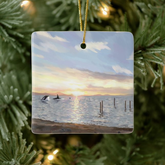 Orcas at Sunset Ceramic Ornament (Tree)