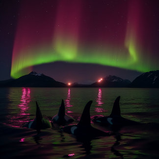 Orcas Swim In Purple Aurora - Killer Whale Jigsaw Puzzle