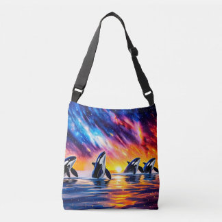 Orcas Under Galaxy Sky 02 Design by Rich AMeN Crossbody Bag