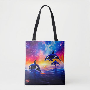 Orcas Under Galaxy Sky Design by Rich AMeN Gill Tote Bag