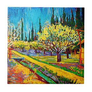 Orchard Bordered by Cypresses Vincent Van Gogh Tile