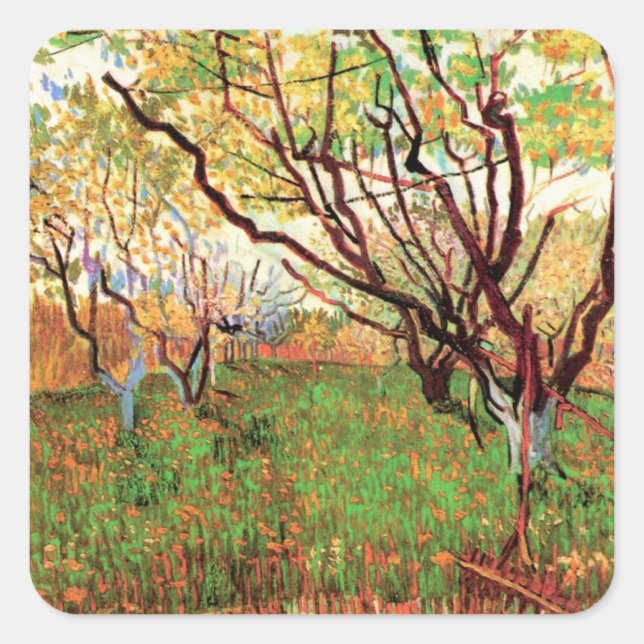 Orchard in Blossom by Vincent van Gogh Square Sticker (Front)