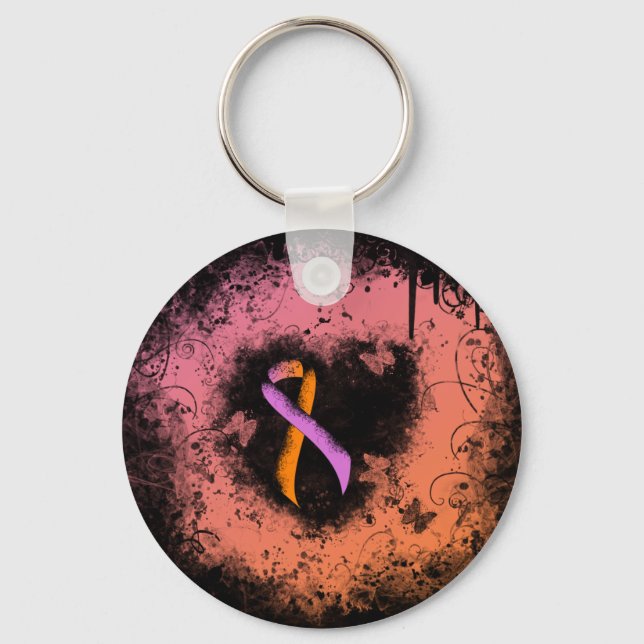 Orchid and Orange Awareness Ribbon Grunge Heart Key Ring (Front)