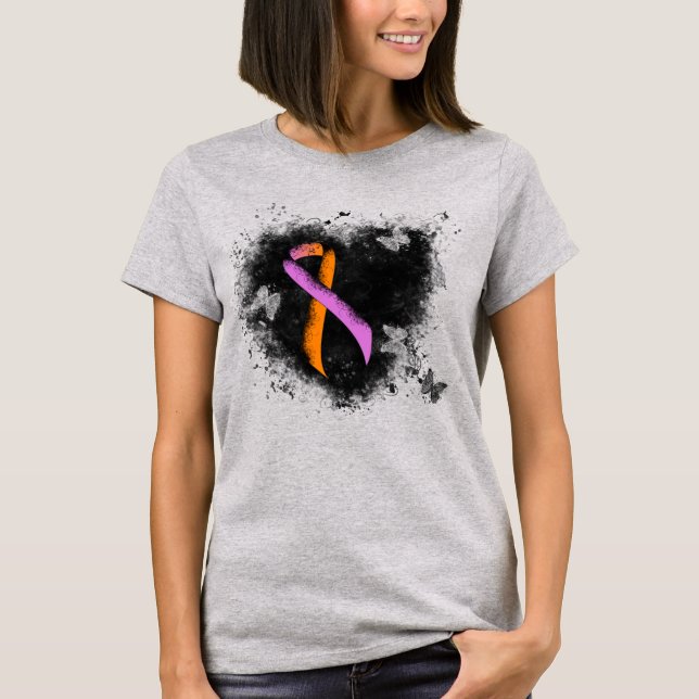 Orchid and Orange Awareness Ribbon Grunge Heart T-Shirt (Front)