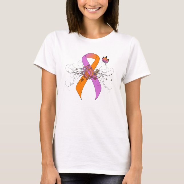 Orchid and Orange Awareness Ribbon with Butterfly T-Shirt (Front)