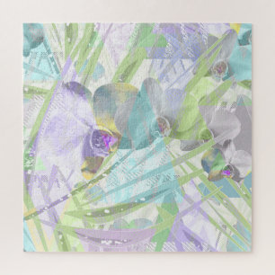 Orchid and palm leaves, tropical jigsaw puzzle