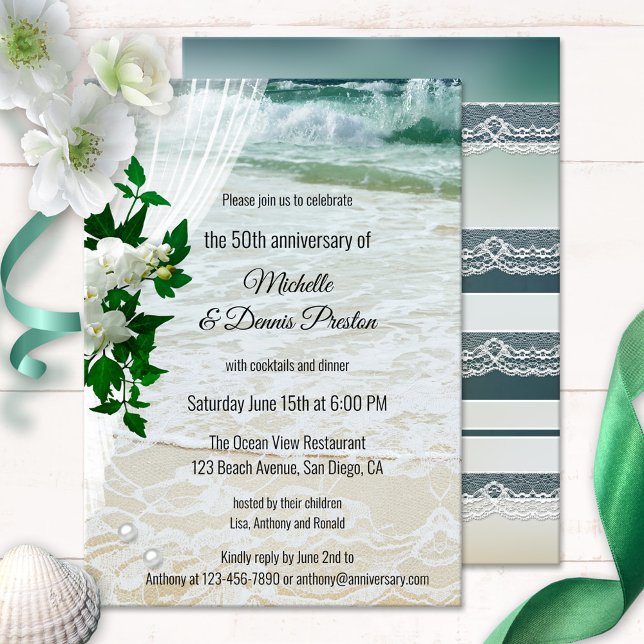 Orchid Beach and Lace Anniversary Party Invitation (Anniversary invitation showing white orchid flowers on a wedding veil overlooking a beach with lace)
