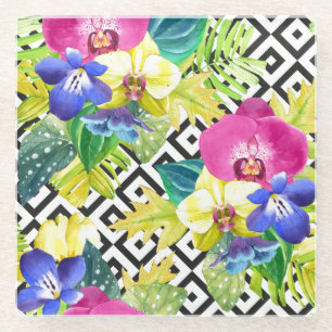 Orchid Begonia And Palm Leaves Glass Coaster