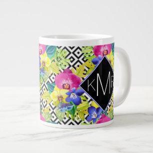 Orchid Begonia And Palm Leaves Monogram Large Coffee Mug