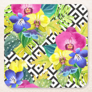 Orchid Begonia And Palm Leaves Square Paper Coaster