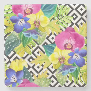Orchid Begonia And Palm Leaves Stone Coaster
