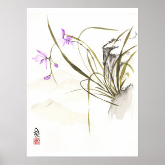 Orchid Beside the Ancient Rock Chinese Brush Art P Poster