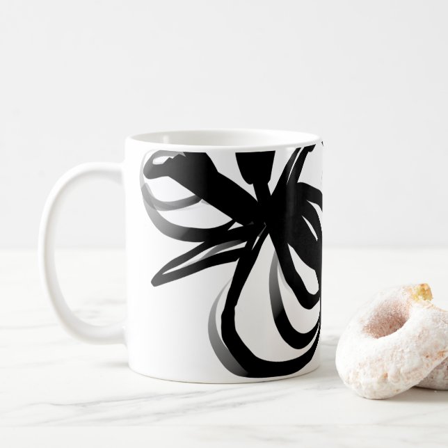 Orchid Blanc: Abstract White & Black Coffee Mug (With Donut)