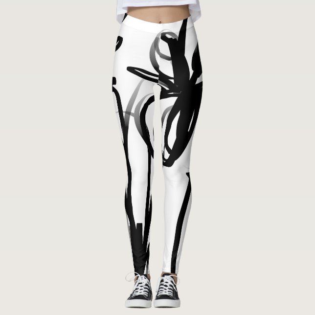 Orchid Blanc: Abstract White & Black Leggings (Front)