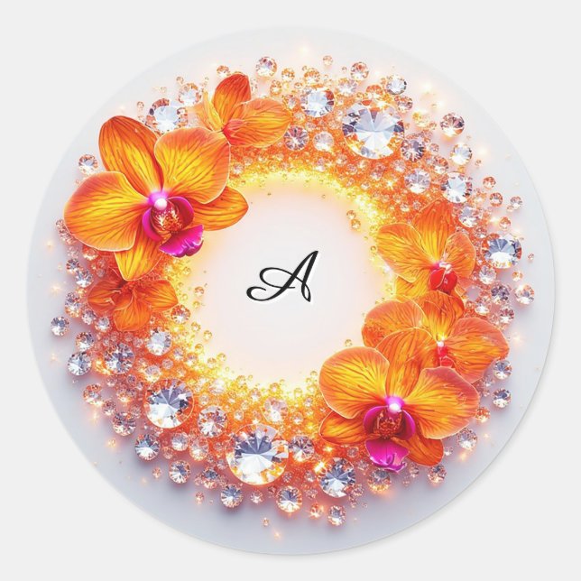 Orchid Blossoms Embedded in Crystals Classic Round Sticker (Front)