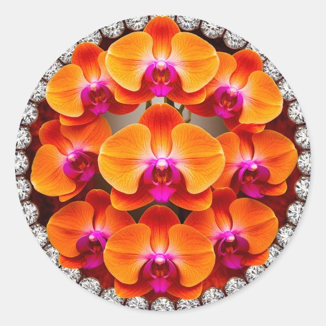 Orchid Blossoms Embedded in Crystals Classic Round Sticker (Front)