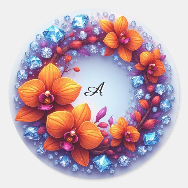 Orchid Blossoms Embedded in Crystals Classic Round Sticker (Front)