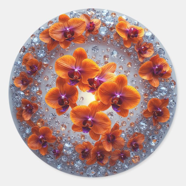 Orchid Blossoms Embedded in Crystals Classic Round Sticker (Front)