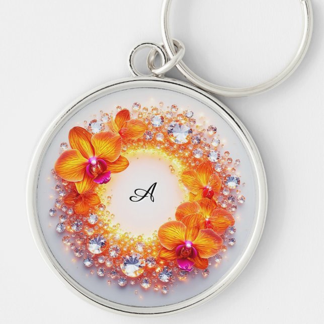 Orchid Blossoms Embedded in Crystals Key Ring (Front)