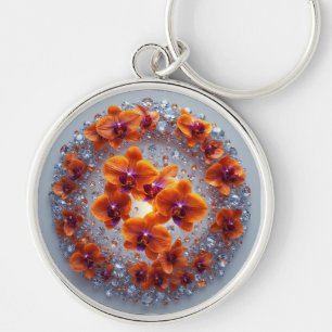 Orchid Blossoms Embedded in Crystals Key Ring