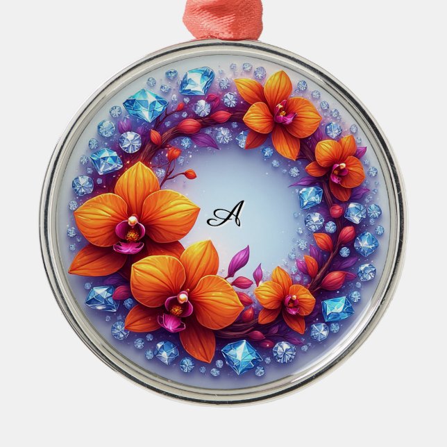 Orchid Blossoms Embedded in Crystals Metal Tree Decoration (Front)
