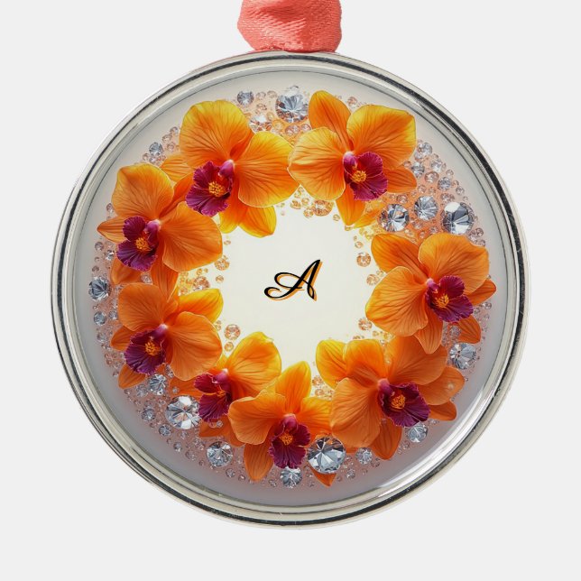 Orchid Blossoms Embedded in Crystals Metal Tree Decoration (Front)