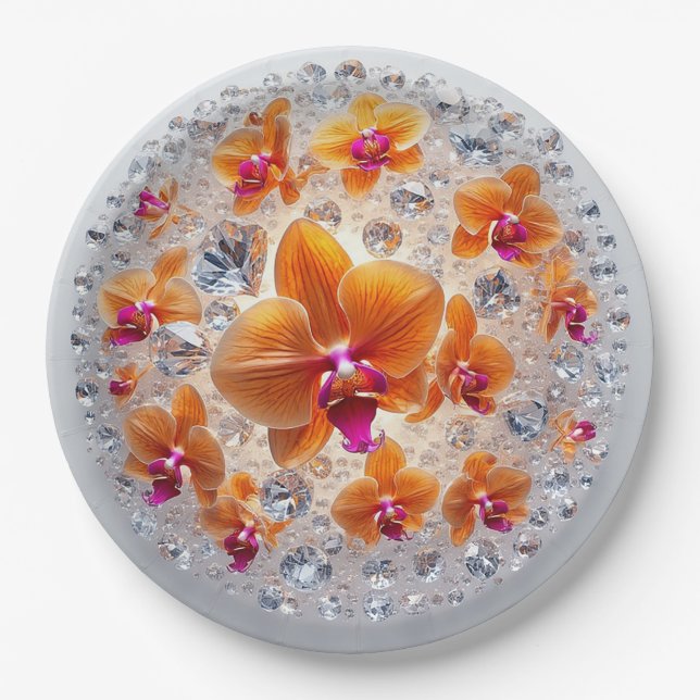 Orchid Blossoms Embedded in Crystals Paper Plate (Front)