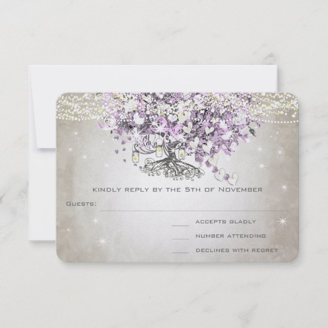 Orchid Blush Lavender Heart Leaf Tree Wedding RSVP (Front)