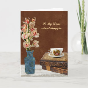 Orchid Bouquet with Books and Cup Birthday Card