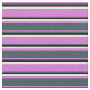 Orchid, Dark Slate Grey, Black & White Stripes Fabric