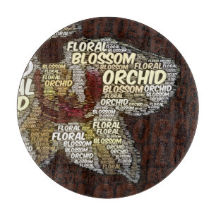 Orchid Floral Blossom Over Burgundy Word Cloud Cutting Board