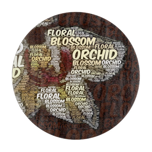 Orchid Floral Blossom Over Burgundy Word Cloud Cutting Board (Front)