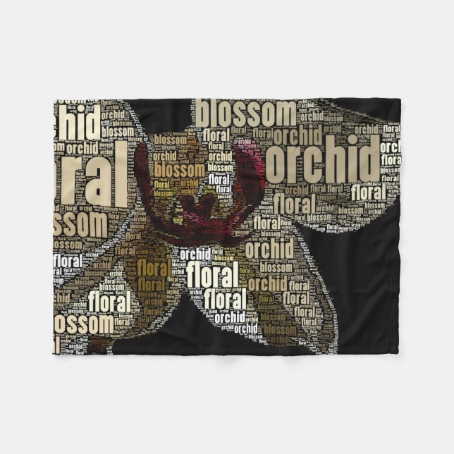 Orchid Floral Blossom Word Cloud Over Black Fleece Blanket (Front (Horizontal))