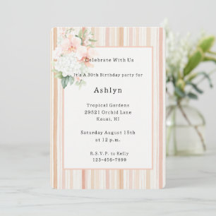 Orchid Floral Peach Stripes Birthday   Invitation