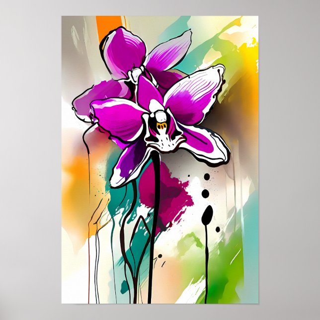 Orchid Flower Abstract Art Floral Colourful Bright Poster (Front)