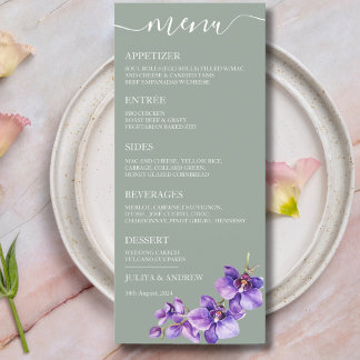 Orchid flower in saga green Wedding Menu card