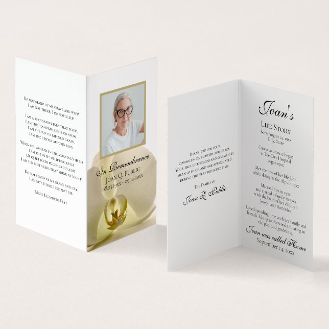 Orchid Flower on White Funeral Memorial Prayer Business Card (Inside and Outside)