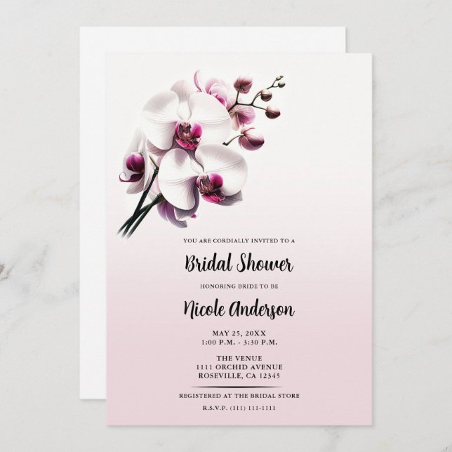 Orchid Flower Pink & White Bridal Shower Invitation (Front/Back)