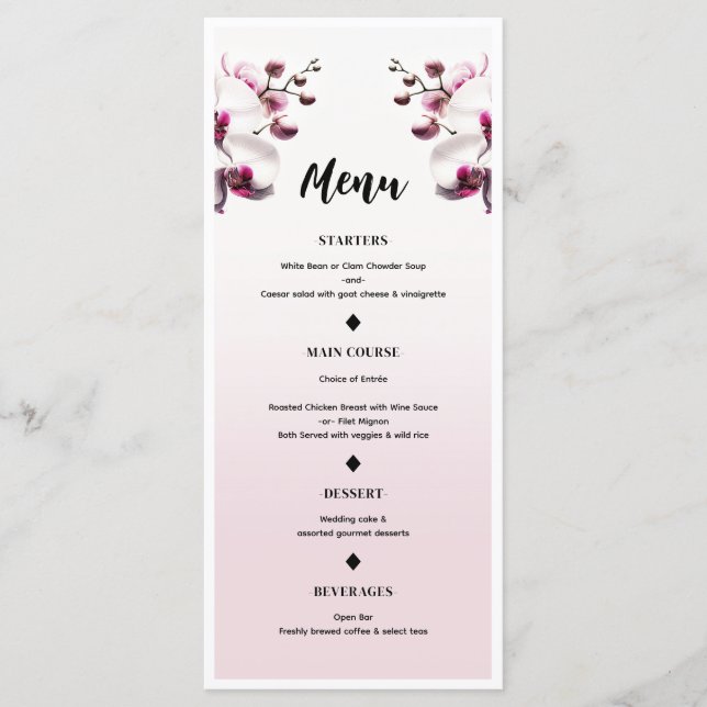 Orchid Flower Pink & White Wedding Menu (Front)